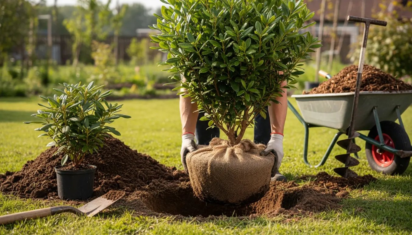 En person planter en ca. 1,5 m høj busk med en rod på omkring 30 cm i et forberedt plantehul, med spade og jordbor ved siden af.