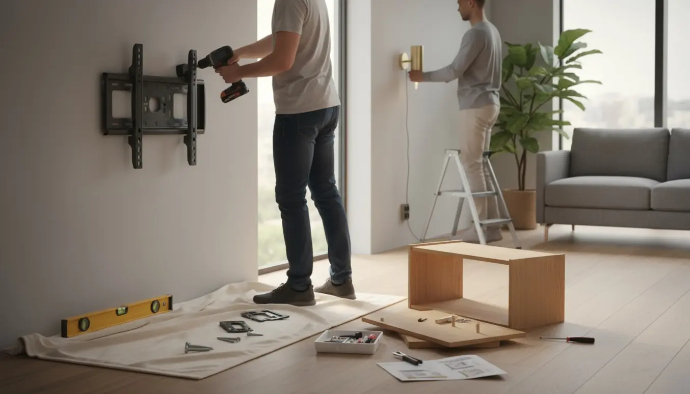 Montage af fjernsyn på væg og installation af lampe, mens en reol samles i et lyst, moderne opholdsområde.