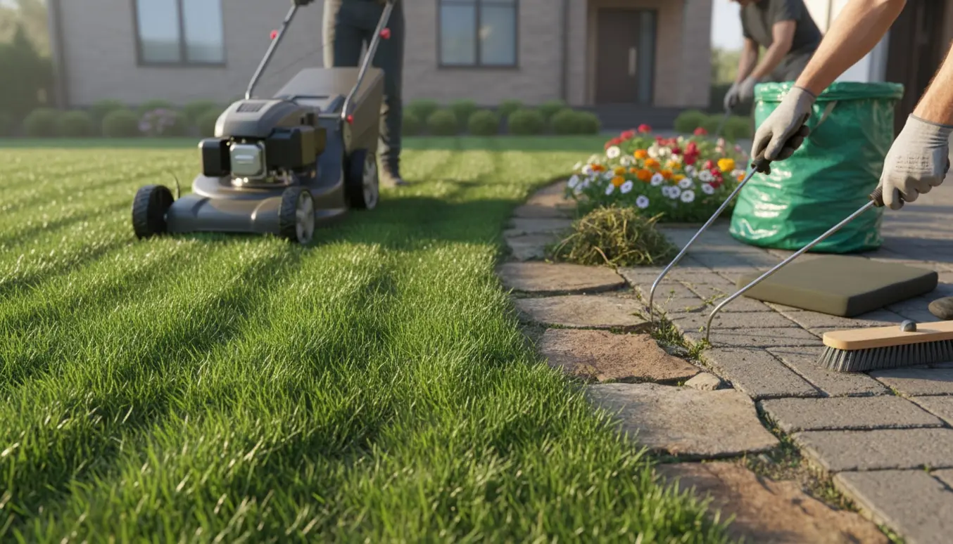 Nærbillede af græsslåning og fjernelse af ukrudt mellem terrassefliser, indkørsel og langs husmuren.