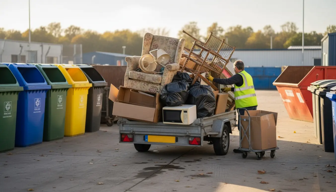 En bil med trailer ved genbrugspladsen, set bagfra mens en person sorterer affald i farvede containere.