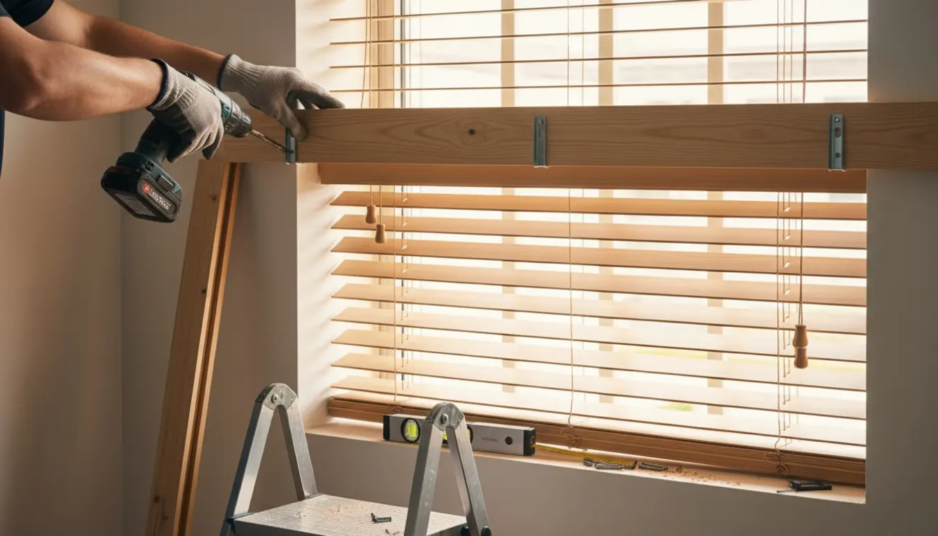 Nærbillede af hænder, der monterer en ny vinduesliste og opsætter persienner i et lyst rum.
