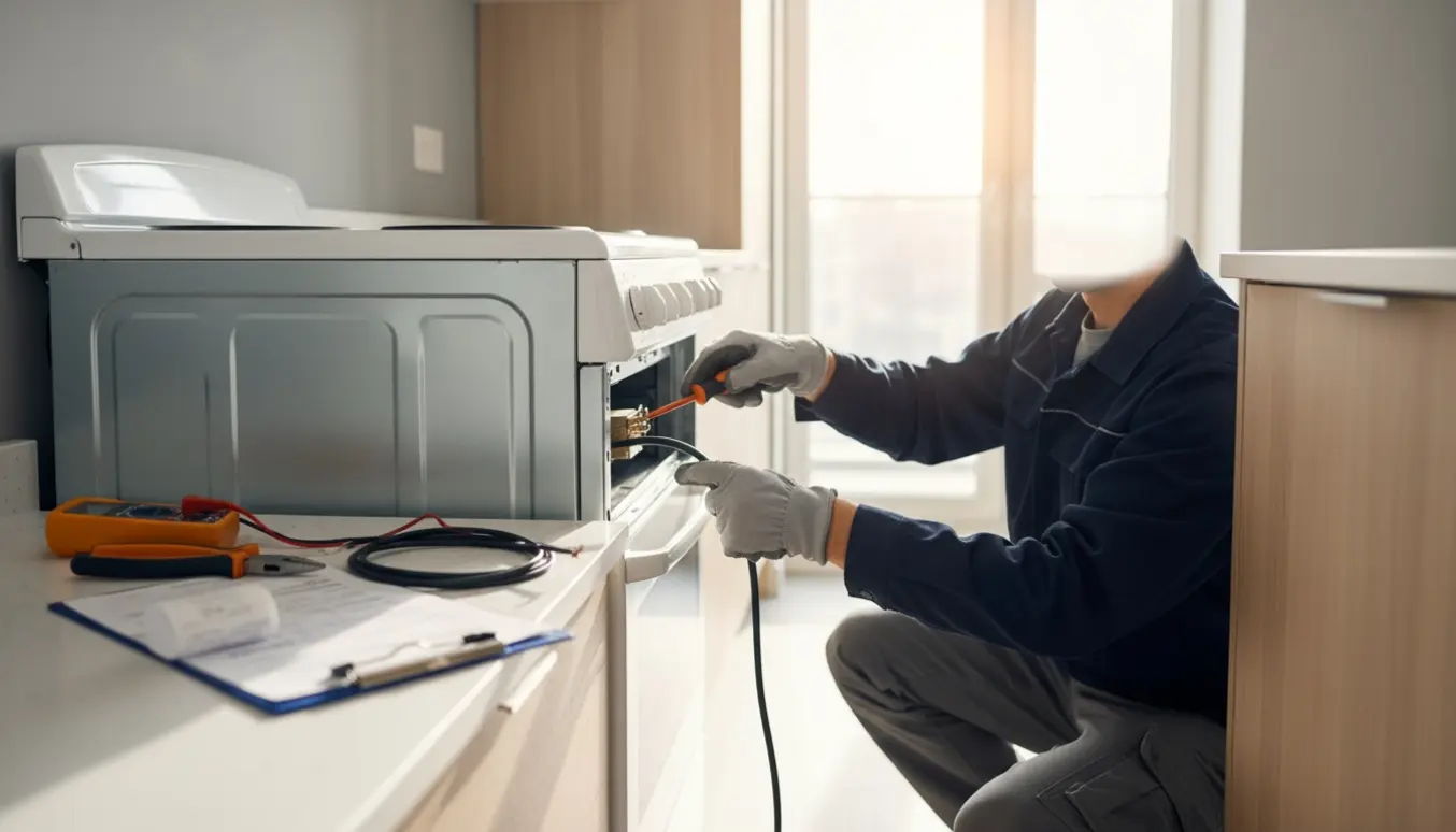 Elektriker tilslutter ledning til nyt komfur i en moderne lejlighed med en faktura på køkkenbordet.