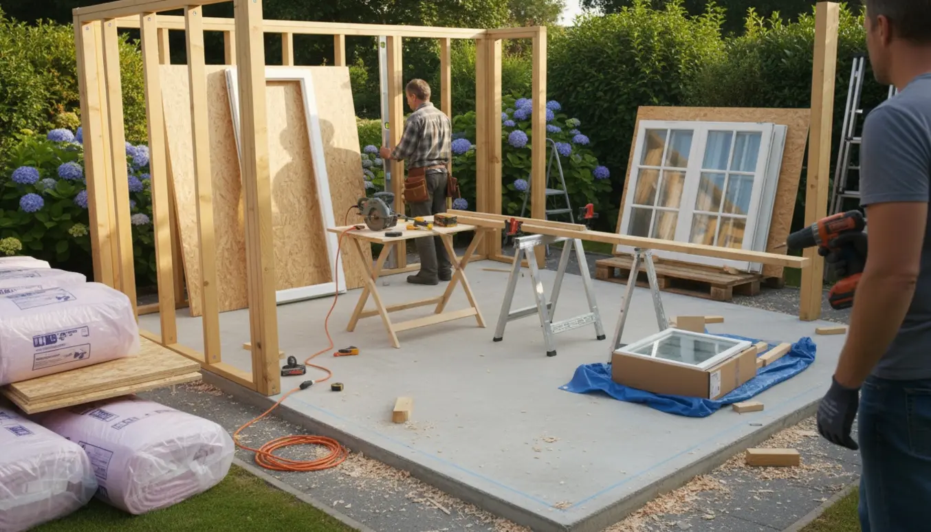 Delvist opført isoleret skur på fundament med materialer og to personer, der samarbejder om byggeriet.