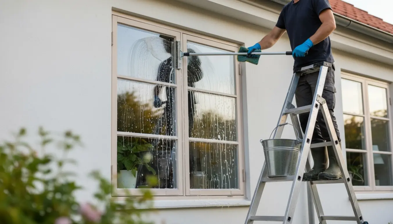 Udvendig vinduespudsning af et hvidt stuehus med en person på en stige, der bruger skraber og spand.