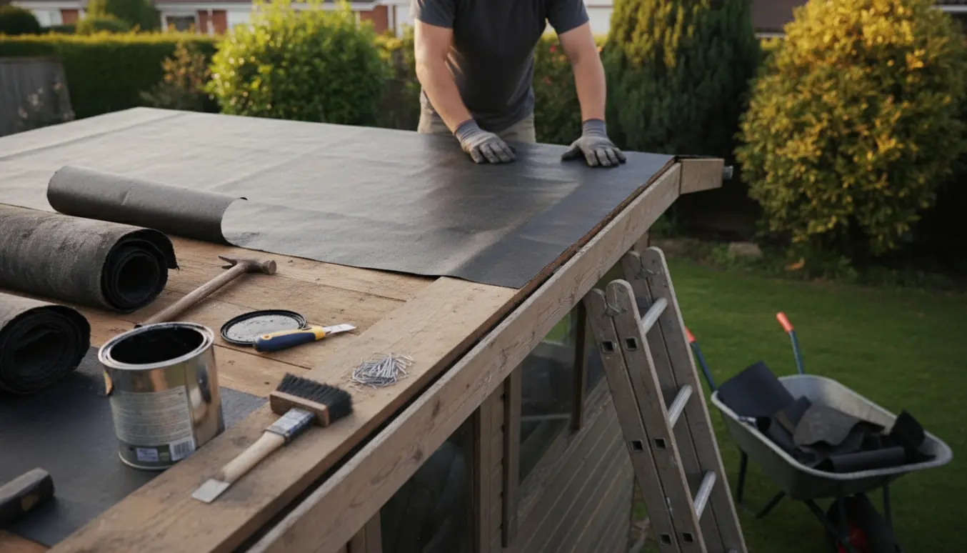 Nyt tagpap lægges på et lille udhustag med værktøj og afrenset gammelt pap i baggrunden.