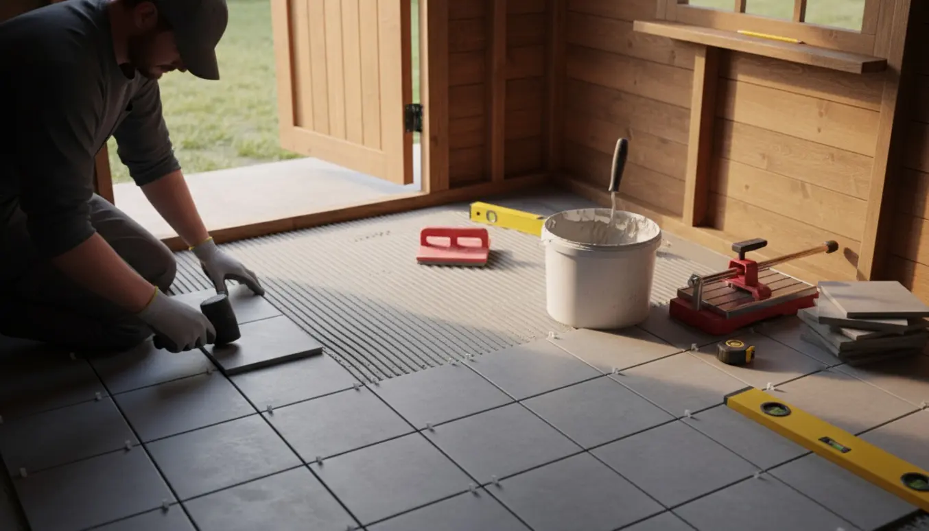 Delvist lagt billige grå fliser i et lille skur med værktøj og naturligt dagslys.