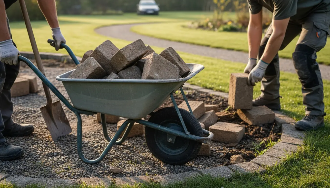 Trillebør fyldt med tunge fliser og sten foran en bedkant, klar til at blive skubbet 30 meter gennem haven mod en bil parkeret langt væk.