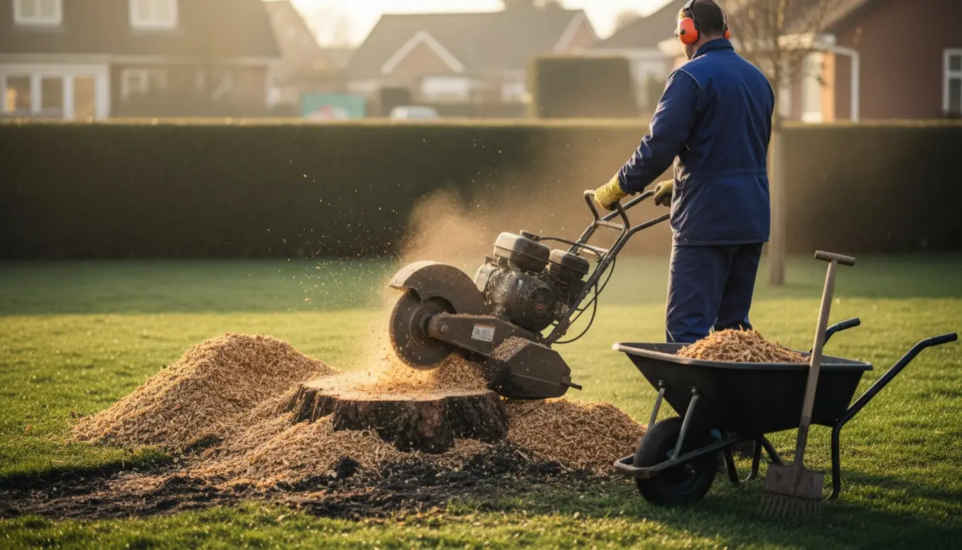 En kompakt fræser fjerner små til mellemstore stubbe i en have med træflis og haveredskaber ved siden af.