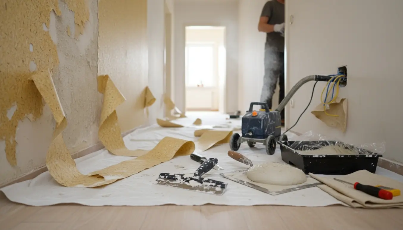 Gang under renovering med savsmuldstapet delvist fjernet, værktøj, spartel og åben el‑dåse.