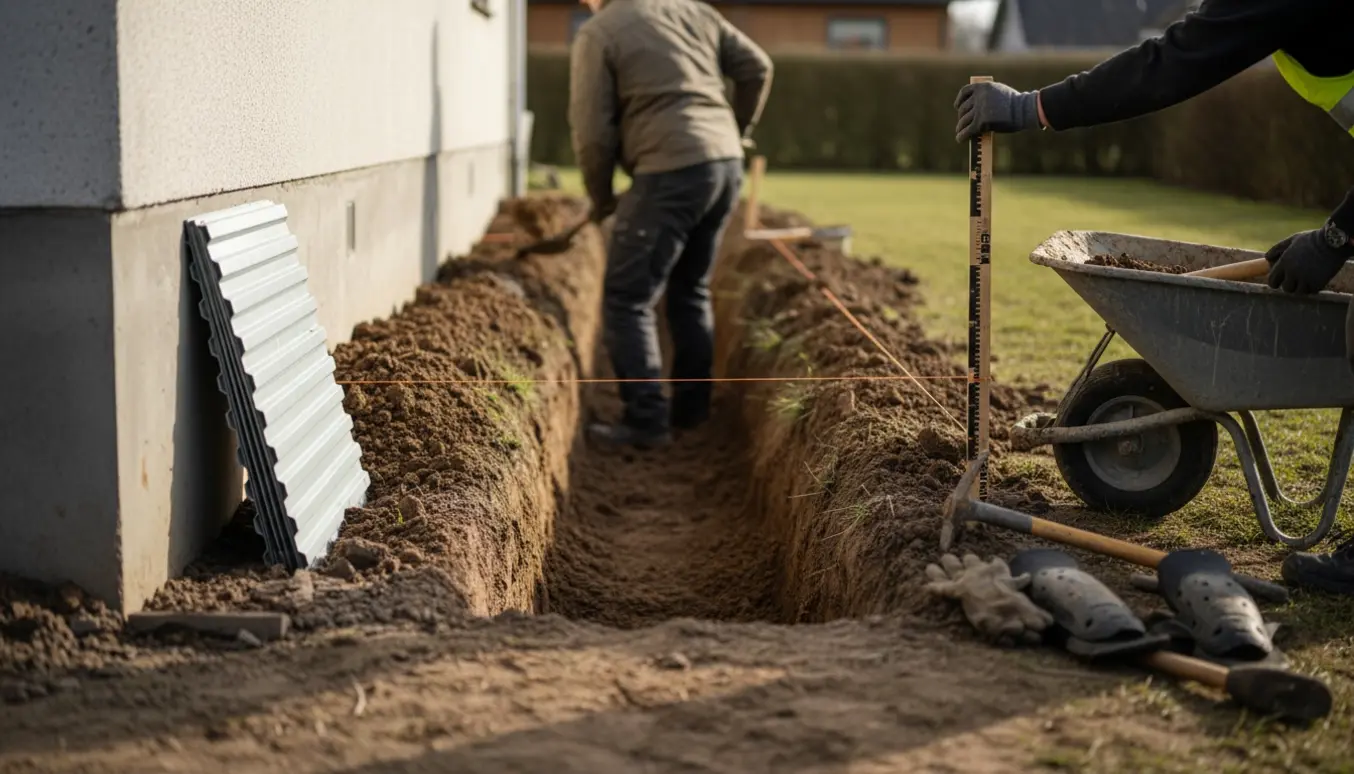 Frisk gravet rende langs en sokkel med værktøj og en grundmursplade klar til montering.
