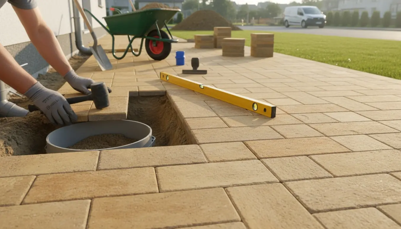 Nylagt terrasse i gylden mix med sandfang ved nedløbsrør og opgravet jord i baggrunden.