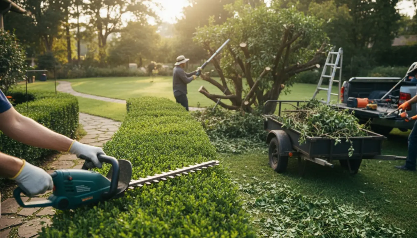 En havearbejder klipper en hæk og nedskærer en stor busk med afklip samlet i en trillebør og trailer klar til afhentning.