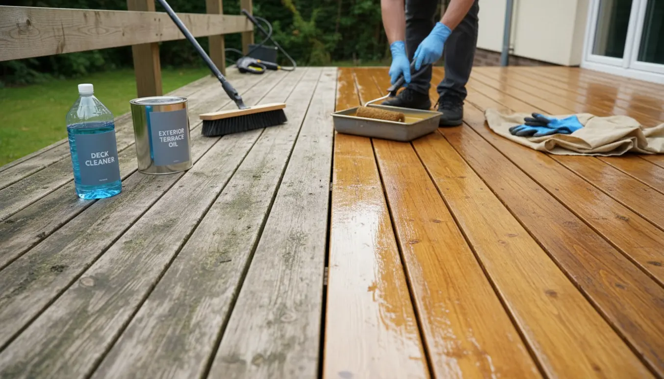 Delvist renset træterrasse med nymalet træolie og værktøj lagt frem.