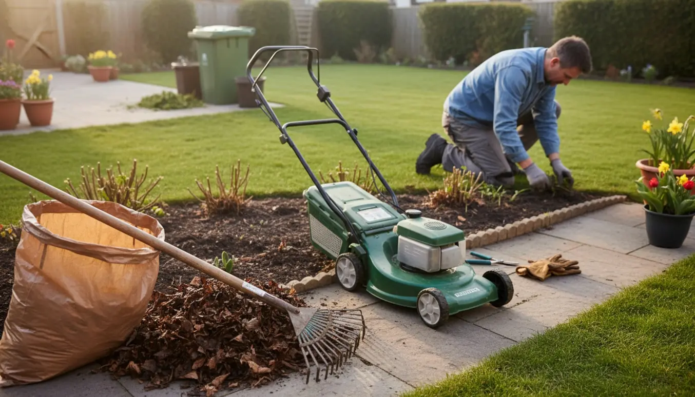 Forårsrengøring i en lille have med rive, græsslåmaskine, fyldte affaldssække og hækkeklipning.