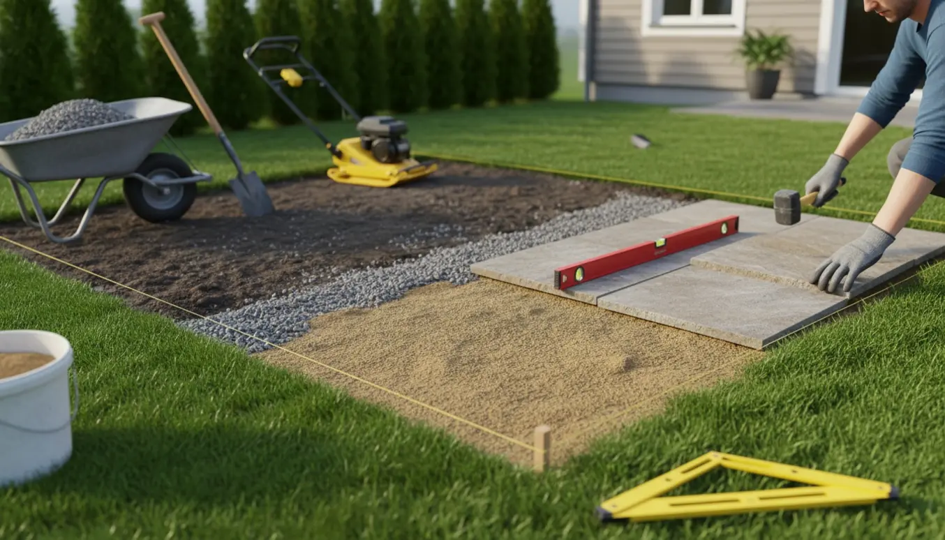 Arbejder lægger fliser på en lille rektangulær græsplæne med udgravet jord, stabilgrus og værktøj i nærheden.