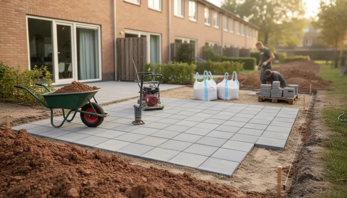 Rækkehuse hvor terrasser udvides med 30×30 cm fliser, sand, værktøj og udgravet ler, ansigter ikke synlige.