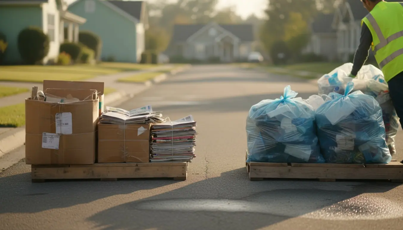 To træpodier med stablet pap og sække klar til afhentning ved fortovet.