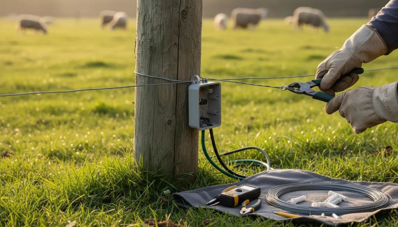 Nærbillede af hænder med isolerede handsker, der reparerer et elektrisk hegn i en dyrefold med værktøj og dyr i baggrunden.