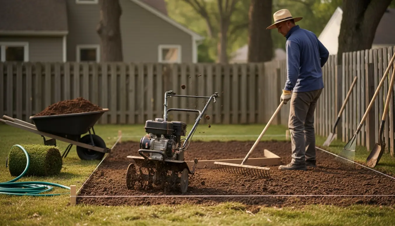 Have under forberedelse med fræser, rive, trillebør og jord klar til anlæg af græsplæne.