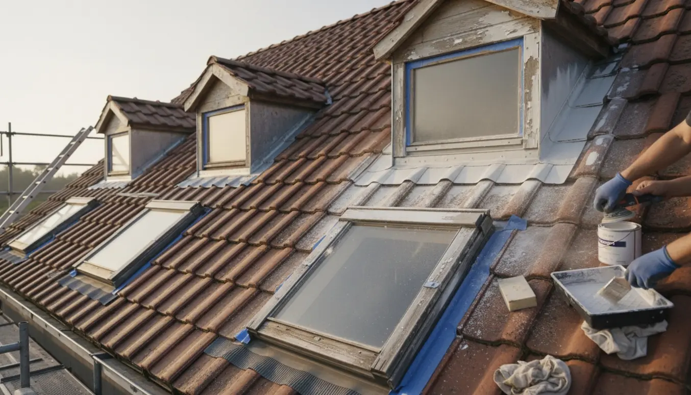 Hænder sliber og maler inddækning på tre kviste og et ældre tagvindue på et tegltag.