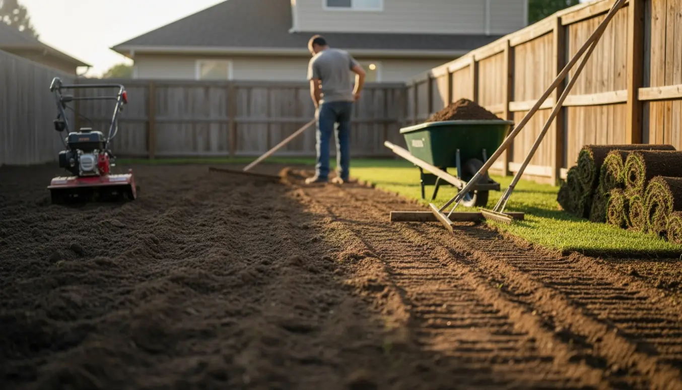Opklargjort havejord, fræset og planeret, klar til lægning af rullegræs med fræser, rive og ruller i baggrunden.