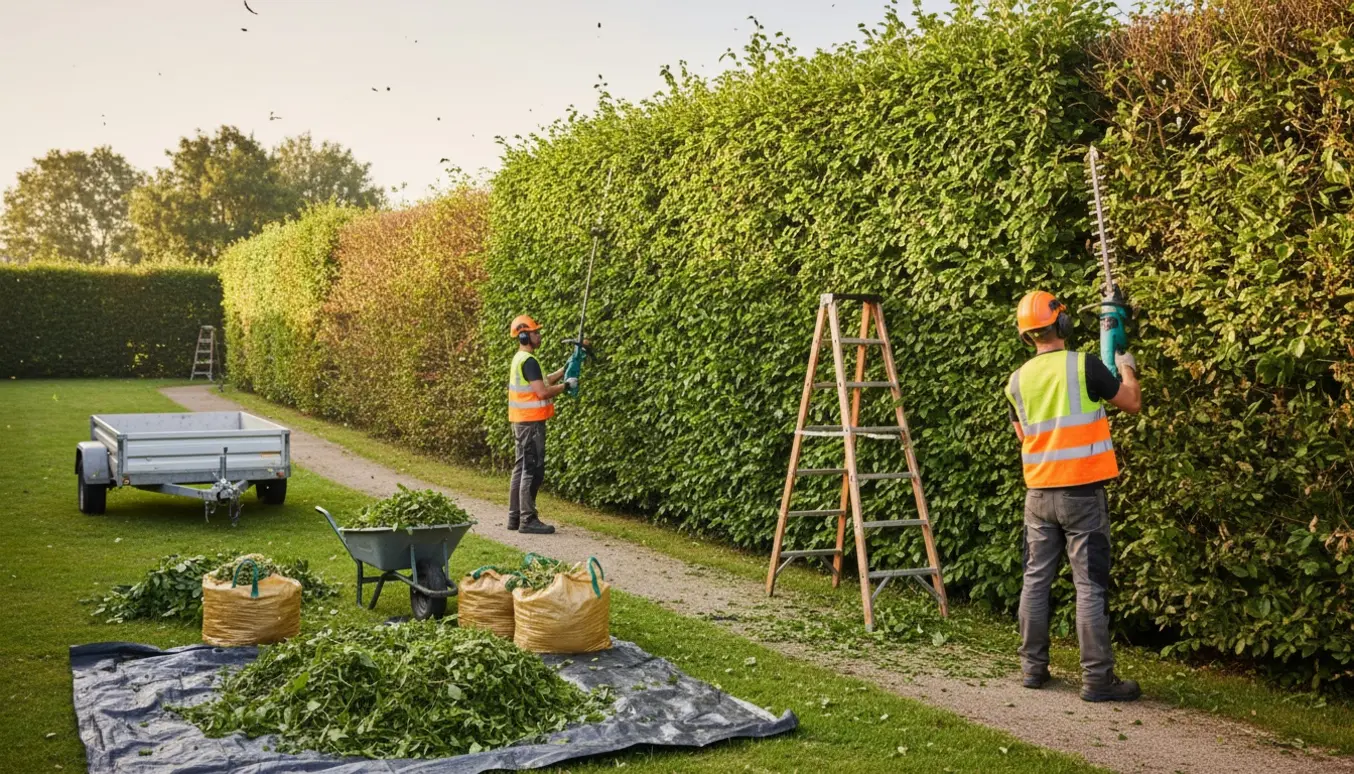 Høj, lang hæk trimmet med stang- og håndtrimmer, mens afklip samles på presenning og i sække.