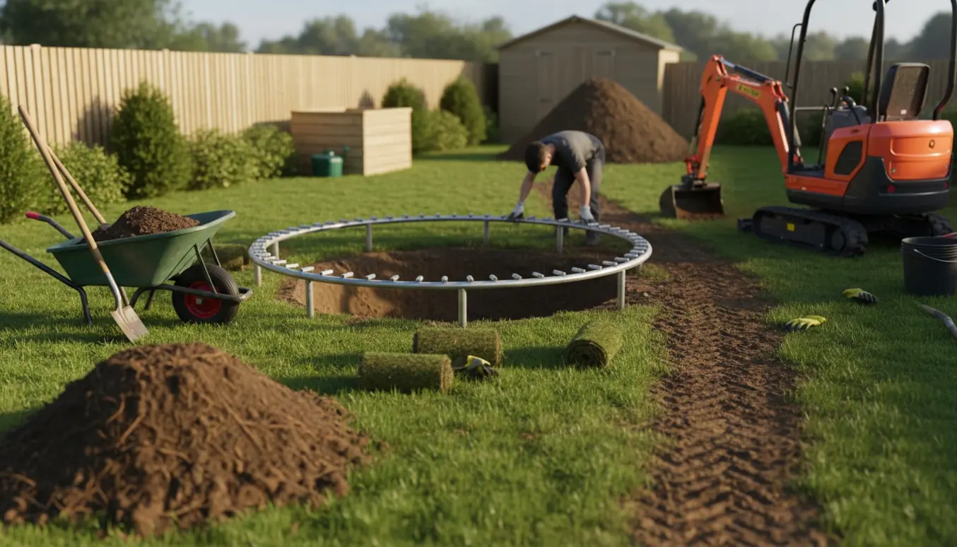 Nedgravet trampolin under installation i have med minigraver, trillebør og jordbunke.