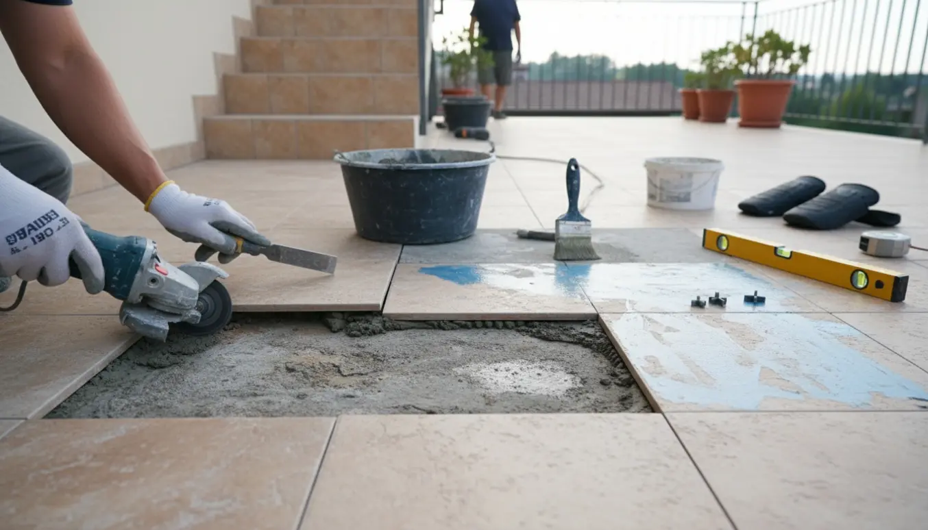 Nærbillede af håndværker, der forsigtigt fjerner fliser på en terrasse for at reparere revnet beton og vandtætte underlaget, med trappe i baggrunden.