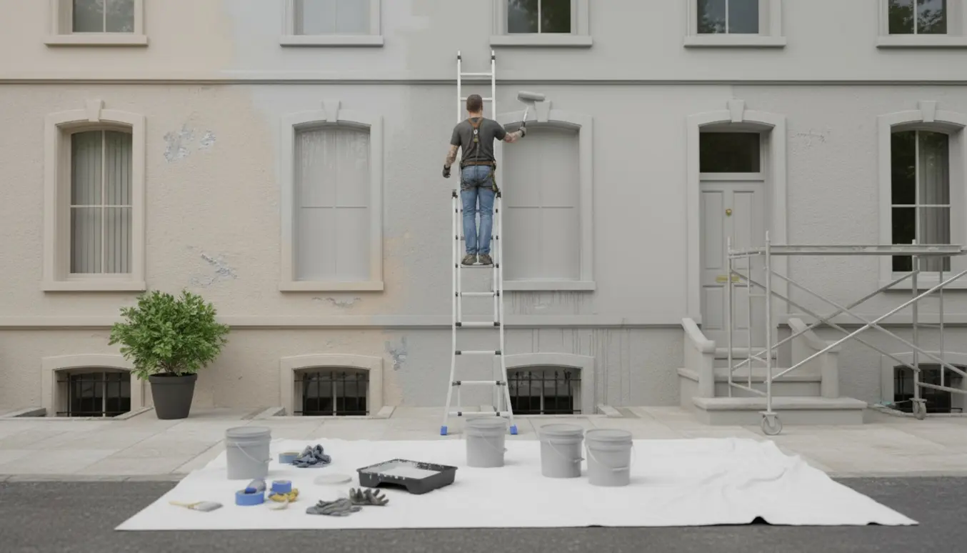 Facademaler på stige maler en boligfacade udefra med rulle og malerbøtter i klart dagslys.
