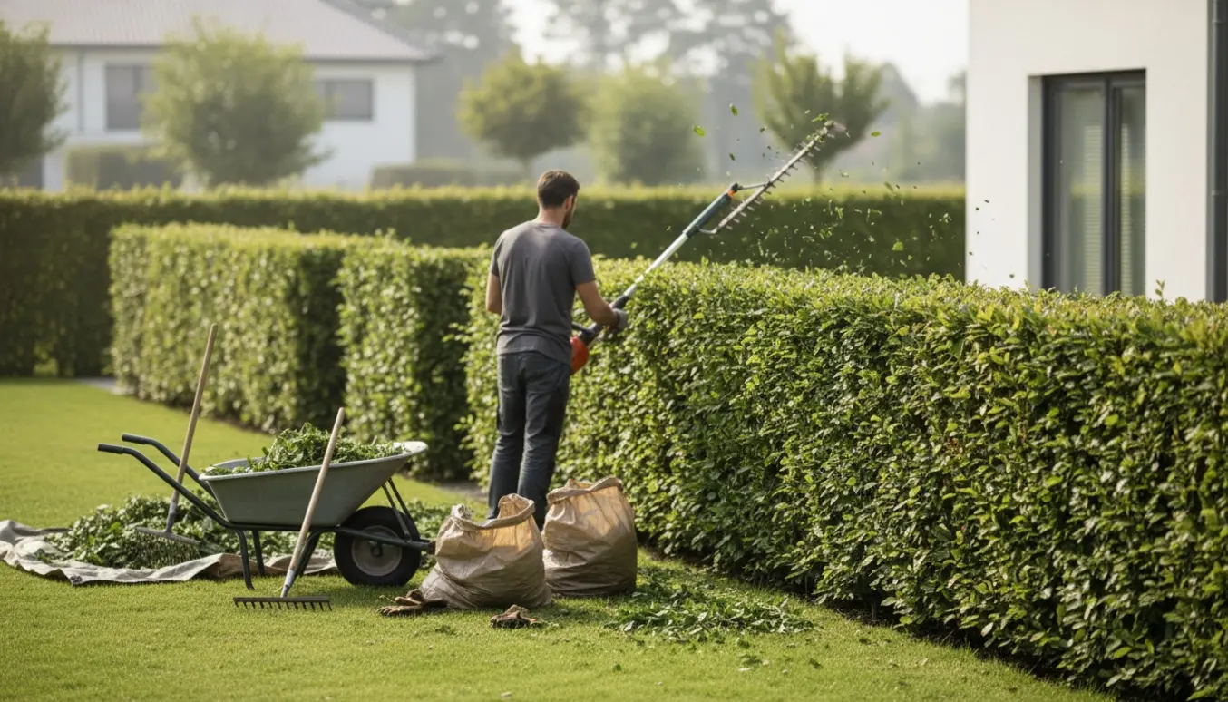 Person trimmer en høj bøgehæk med afklip samlet i trillebør og på presenning.