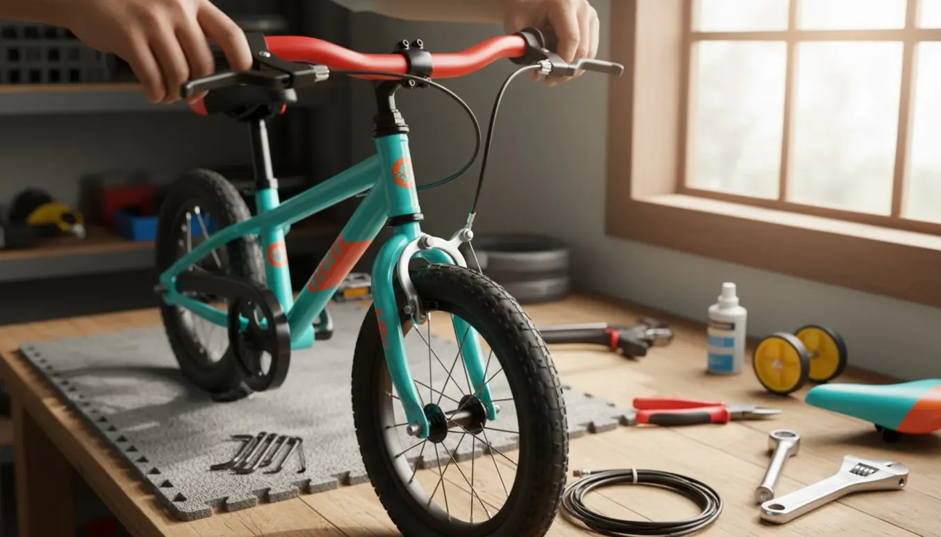 Nærbillede af hænder, der samler en børnecykel og monterer håndbremse på et arbejdsbord.