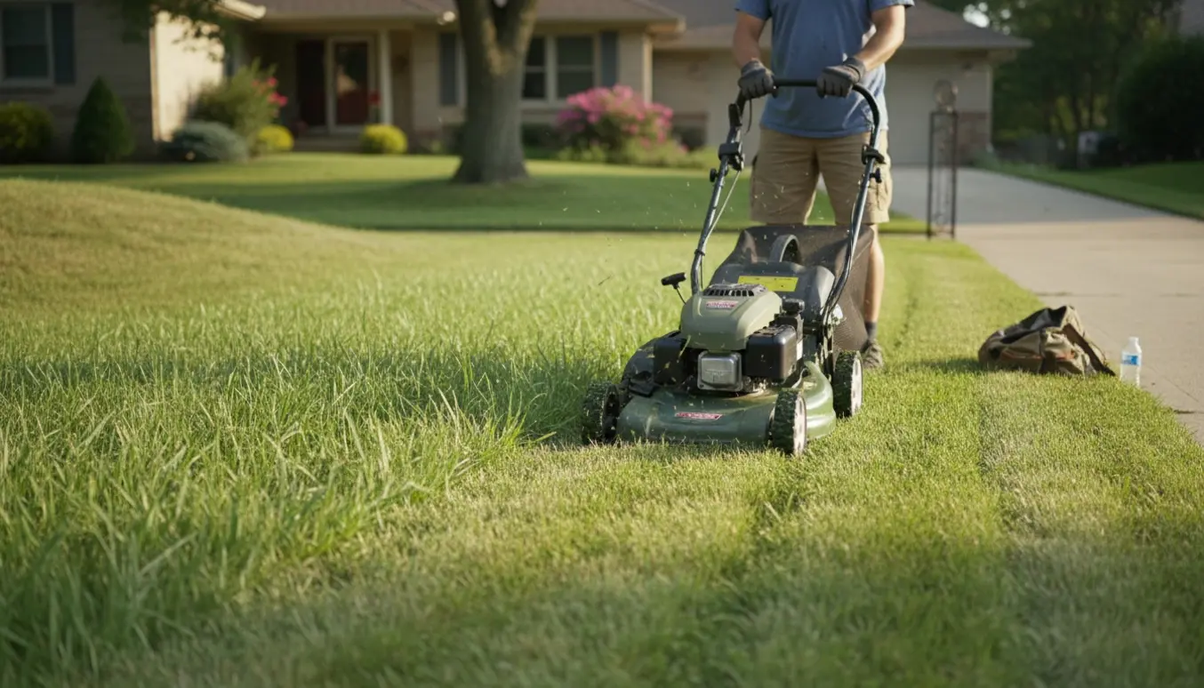 En person slår græsset med en plæneklipper på en solrig, let kuperet og let tilgængelig grund.