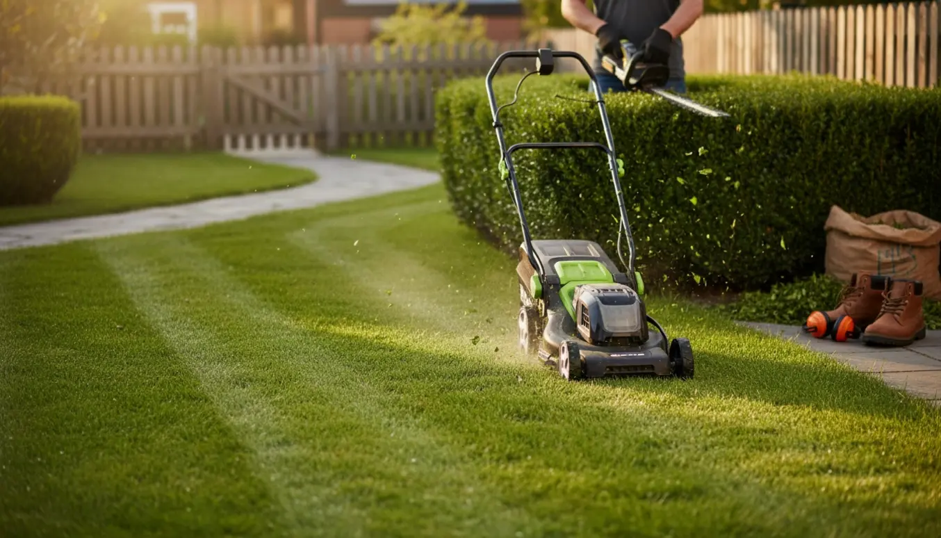 Plæneklipper slår græs med nyslåede striber og en handske‑klædt hækkeklipper i gang i baggrunden.