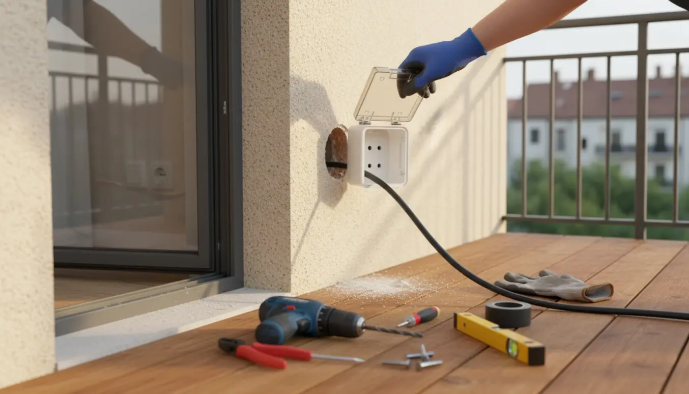 Nærbillede af montering af udendørs, vejrsikret stikkontakt på en altan med værktøj og synlig indendørs stikkontakt gennem døren.