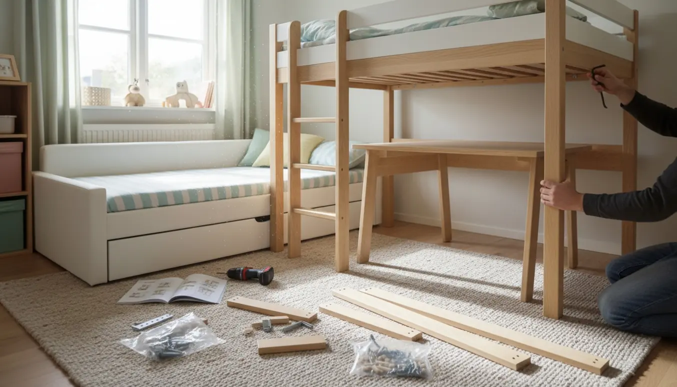 Halvfærdig montering af en halvhøj seng med udtrækssofa og skrivebord under sengen, værktøj og hænder i fokus.