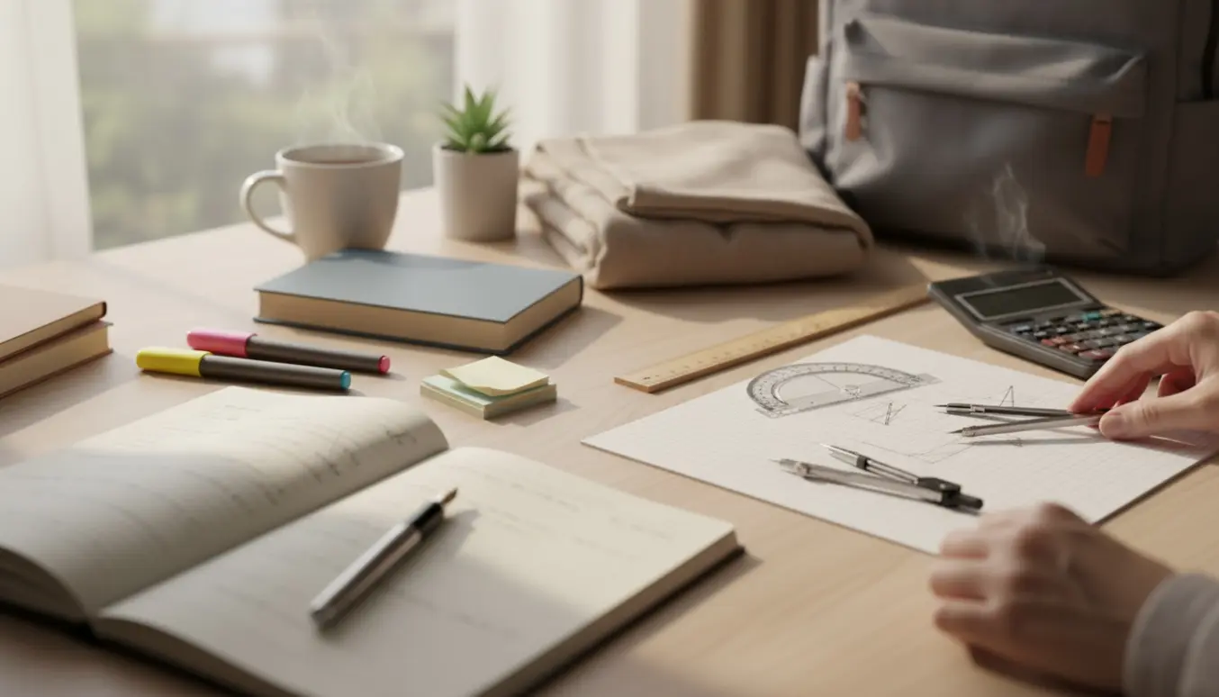 Skrivebord med åbne notesbøger, skriveværktøj og geometriredskaber til dansk og matematik i blødt dagslys.