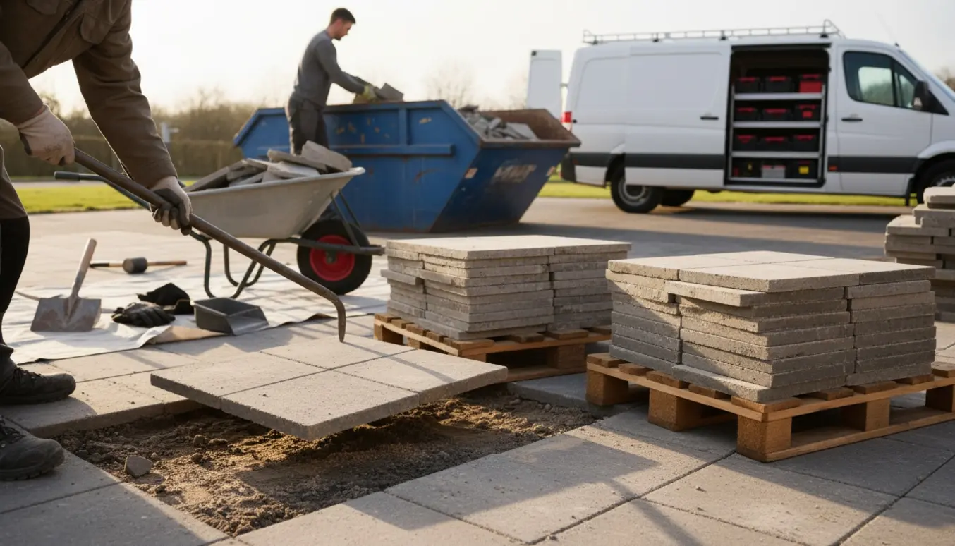 Hands med prybar løfter en terrasseflise ved optagning og bortskaffelse, med trillebør, stabler af fliser og en container i baggrunden.