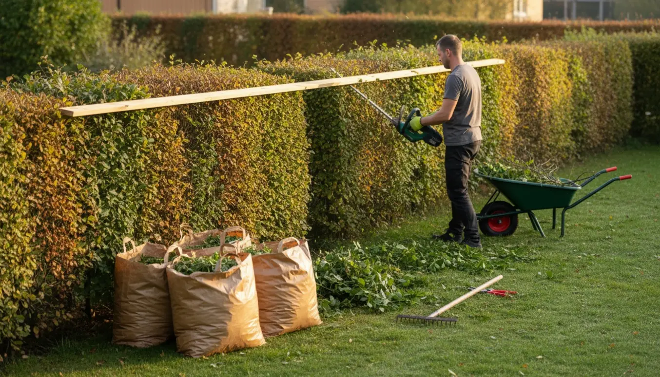 To bøgehække i en lille have bliver klippet til samme højde med affaldssække og haveredskaber ved siden af.
