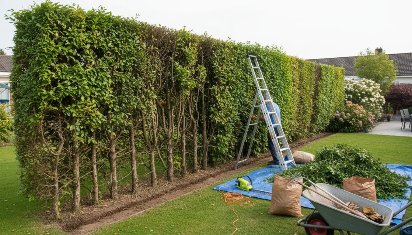 Havehæk på 2–3 m under klipning med stige, elektrisk hækkeklipper og bunke af afklip klar til bortskaffelse.