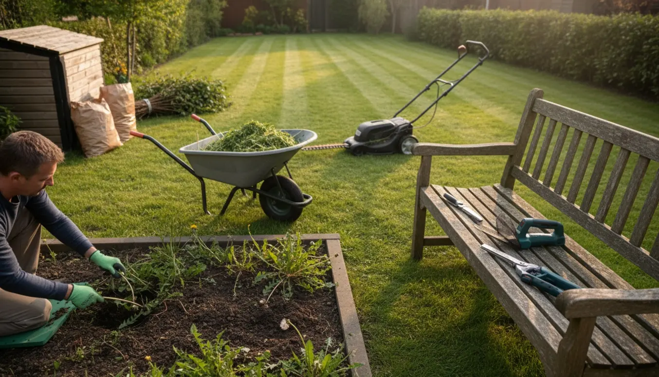 Person uden ansigt luger bede, slår græs og samler haveaffald i en lille baghave.