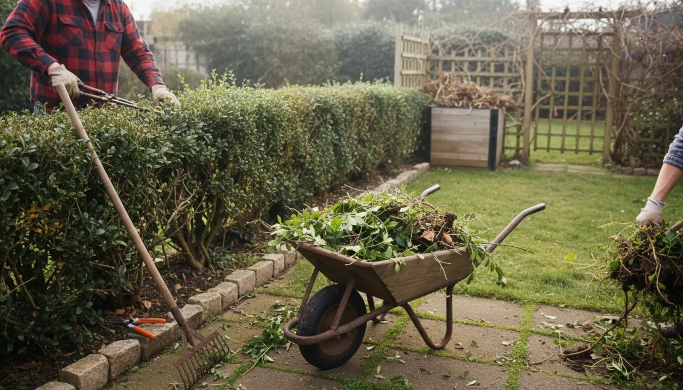En overgroet have under oprydning med hækkeklipper, ukrudt og en trillebør fyldt med grene.