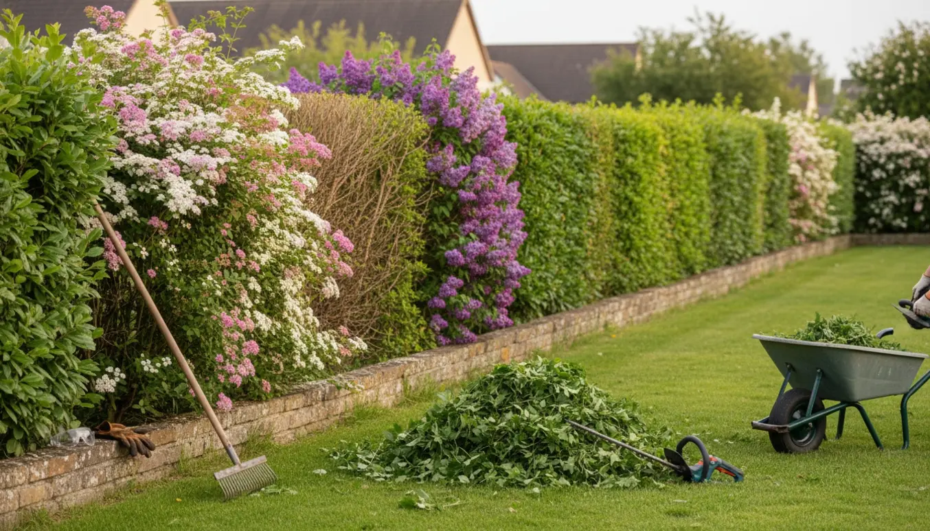 Nærbillede af hækkeklippning med spirea, en halv beskåret syren og liguster med værktøj og kvas i forgrunden.