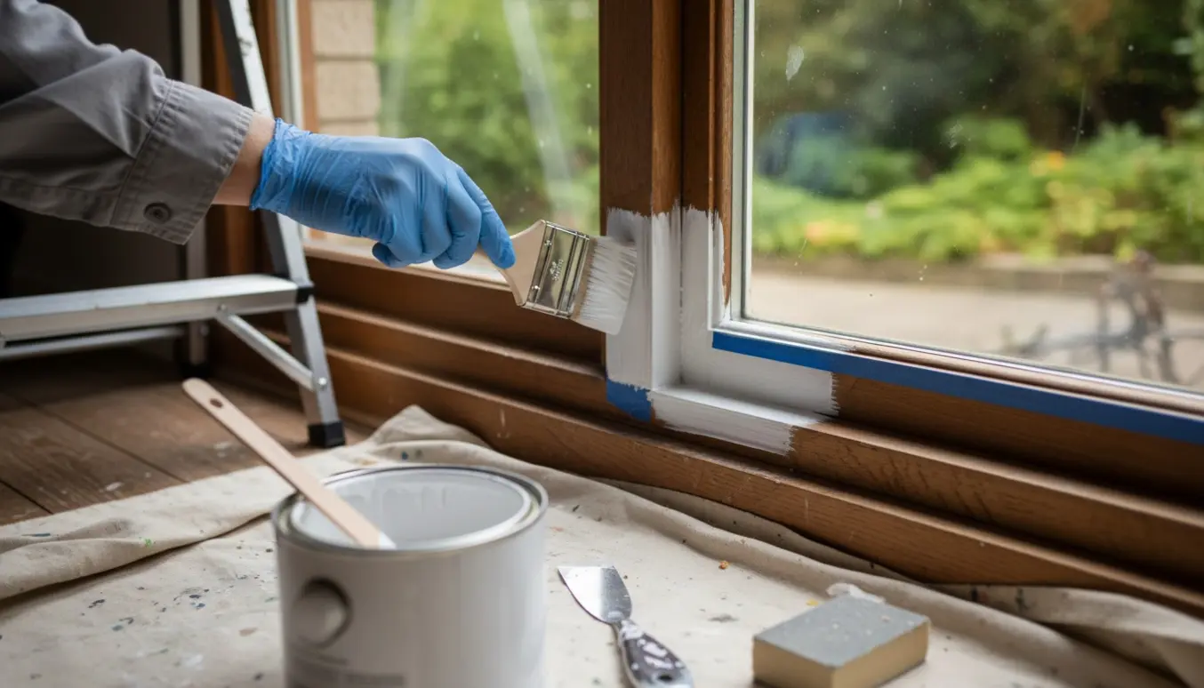 Nærbillede af hænder, der maler en vinduesramme med pensel, malerbøtte, afdækning og naturligt dagslys.