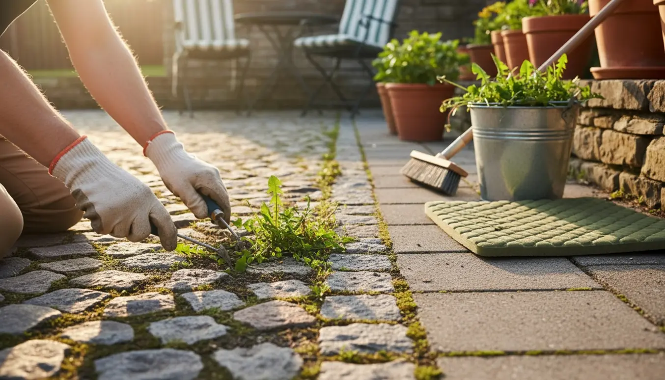 Hænder trækker ukrudt op mellem fliser i en solbelyst gårdsplads med indsamlet ukrudt i en spand.