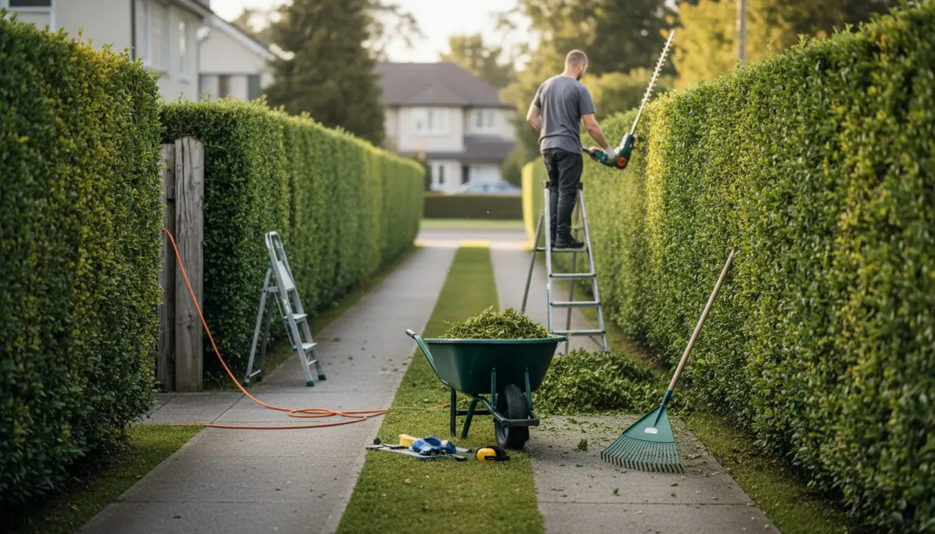 Havearbejde: beskæring af lang hæk på begge sider og toppen med stige og hækkeklipper, uden synlige ansigter.