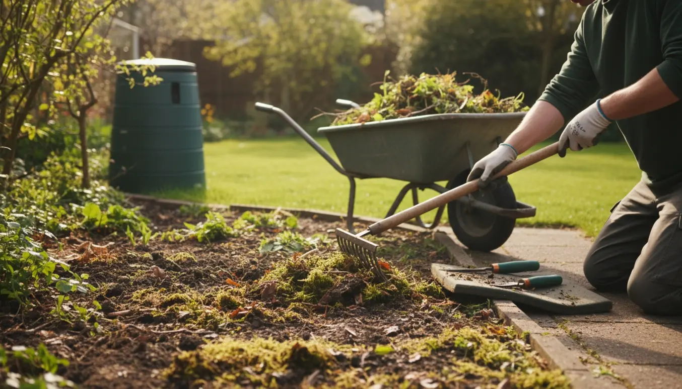 Person luger og river et blomsterbed med rive og skovl i en solrig have.
