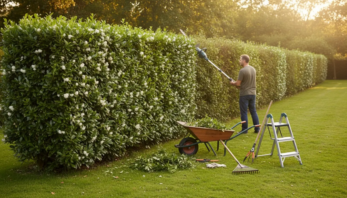 En person trimmer en lang ligusterhæk i en soloplyst baghave med elektrisk hækkeklipper.