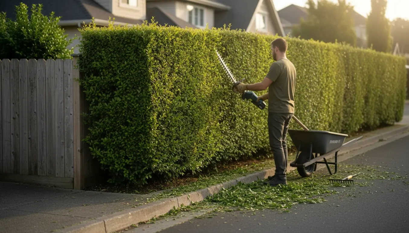 Person klipper yderside og top af en hæk langs en hjørnegrund med en batteridrevet hækkeklipper.