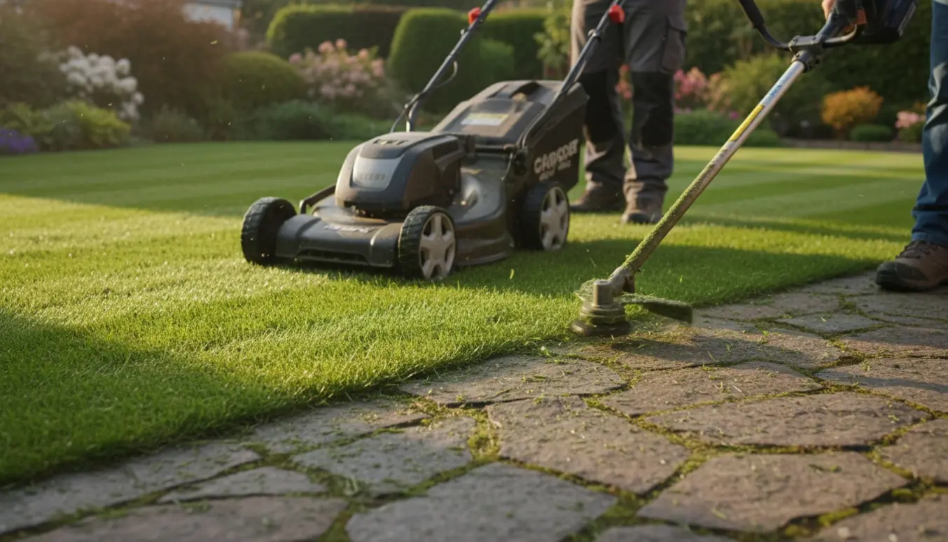 Nærbillede af græsslåning og kanttrimning med plæneklipper og trimmer langs en stensti.