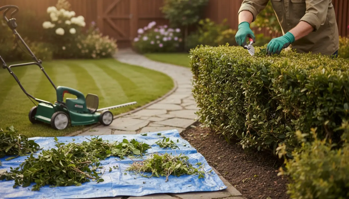 Nærbillede af hækkeklipning, lugning og nyslået græs i en lille forhave.